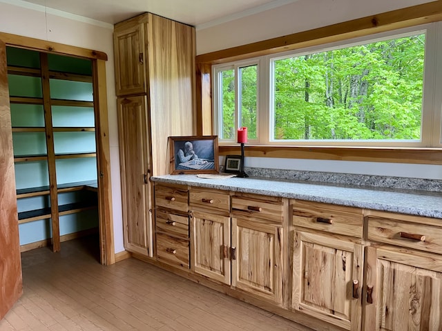 142 Palmer Rd, Thorndike, ME 04986 - kitchen featuring ornamental molding, light wood finished floors, and light stone counters