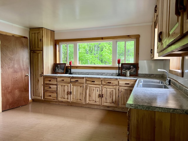 142 Palmer Rd, Thorndike, ME 04986 - kitchen with ornamental molding, healthy amount of natural light, light wood-type flooring, dark countertops, and brown cabinetry