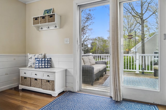 13 Juniper Ln, Cape Elizabeth, ME 04107 - entryway featuring a wainscoted wall, healthy amount of natural light, and wood finished floors