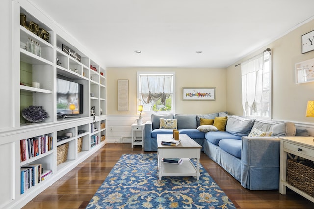 13 Juniper Ln, Cape Elizabeth, ME 04107 - living room with healthy amount of natural light, dark wood-style flooring, and a baseboard radiator