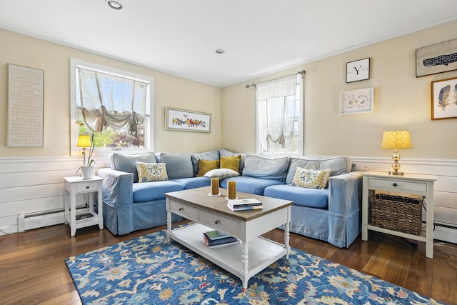 13 Juniper Ln, Cape Elizabeth, ME 04107 - living room with a baseboard radiator, plenty of natural light, wood finished floors, wainscoting, and recessed lighting