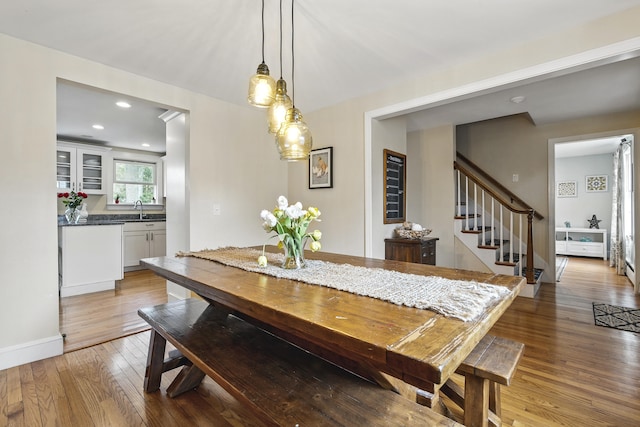 13 Juniper Ln, Cape Elizabeth, ME 04107 - dining room with hardwood / wood-style flooring, stairway, baseboards, and recessed lighting