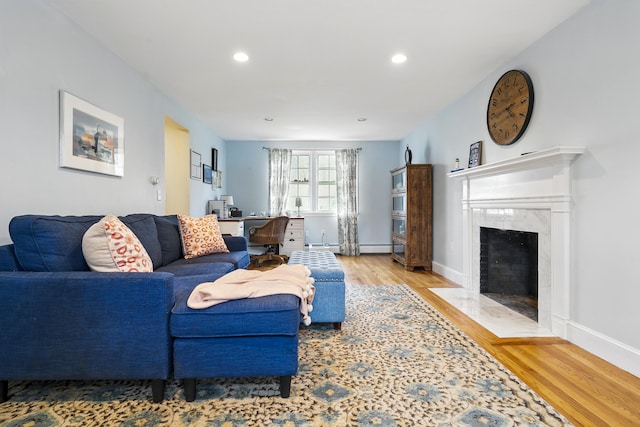 13 Juniper Ln, Cape Elizabeth, ME 04107 - living area with wood finished floors, a fireplace, baseboards, and recessed lighting
