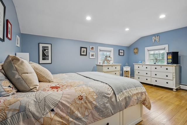 13 Juniper Ln, Cape Elizabeth, ME 04107 - bedroom featuring lofted ceiling, multiple windows, light wood-style floors, and recessed lighting