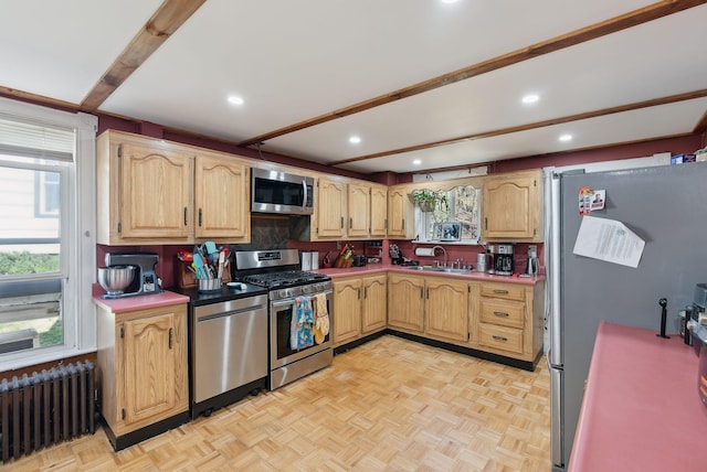 kitchen featuring stainless steel appliances, plenty of natural light, a sink, and radiator