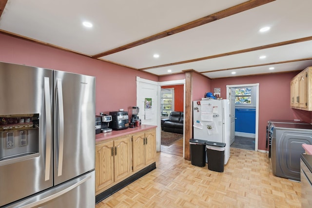 kitchen featuring recessed lighting, beamed ceiling, washer / dryer, and stainless steel fridge with ice dispenser