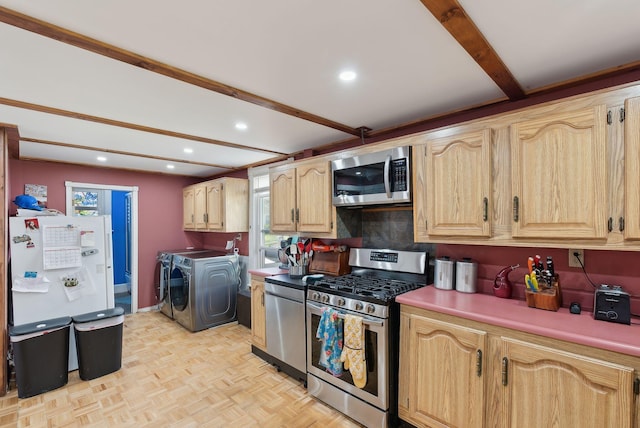 kitchen featuring independent washer and dryer, beam ceiling, light countertops, stainless steel appliances, and recessed lighting