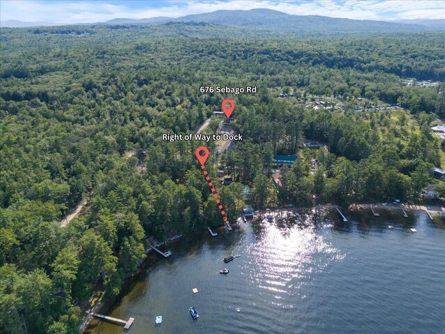 676 Sebago Rd, Sebago, ME 04029 - drone / aerial view featuring a water and mountain view and a wooded view