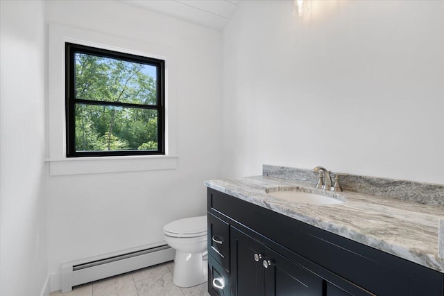 676 Sebago Rd, Sebago, ME 04029 - half bathroom with vanity, toilet, marble finish floor, and a baseboard radiator