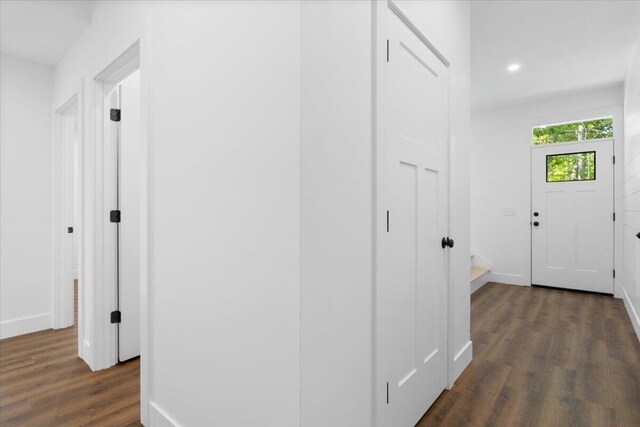 676 Sebago Rd, Sebago, ME 04029 - hall with baseboards, recessed lighting, and dark wood-type flooring