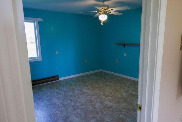 unfurnished room featuring baseboard heating and ceiling fan