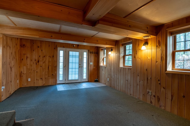 empty room featuring wooden walls and carpet