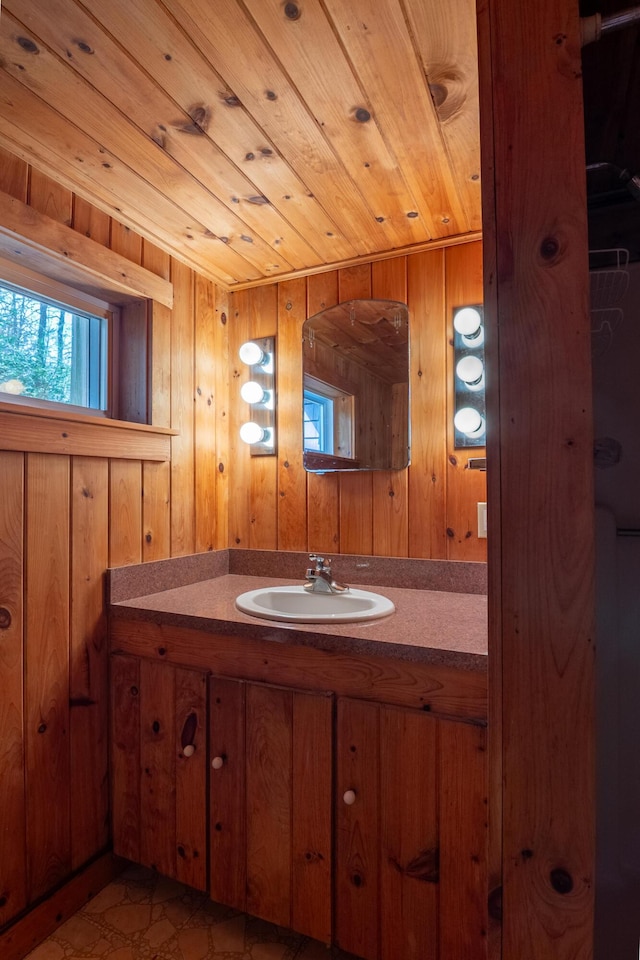 bathroom with plenty of natural light, wooden walls, and vanity
