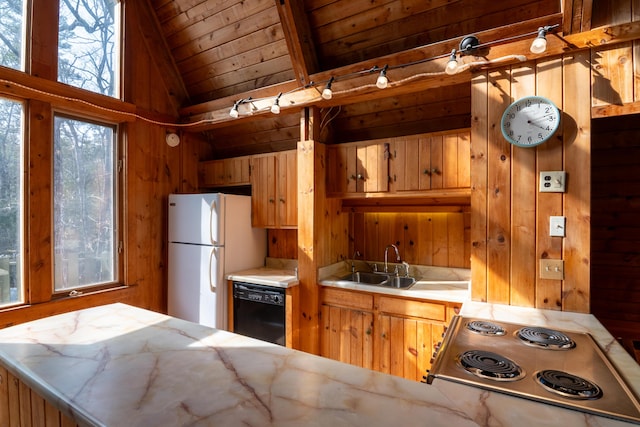 kitchen with range, dishwasher, a sink, wooden ceiling, and vaulted ceiling with beams