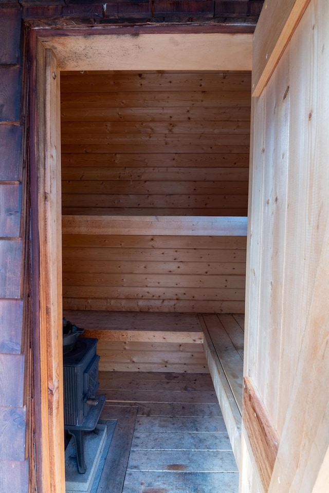 view of sauna featuring hardwood / wood-style flooring
