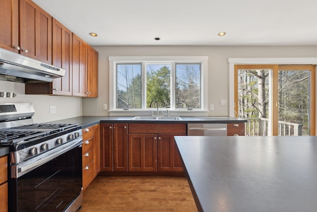 27 Rein Rd, Saint George, ME 04859 - kitchen with a healthy amount of sunlight, dark countertops, under cabinet range hood, a sink, and stainless steel appliances