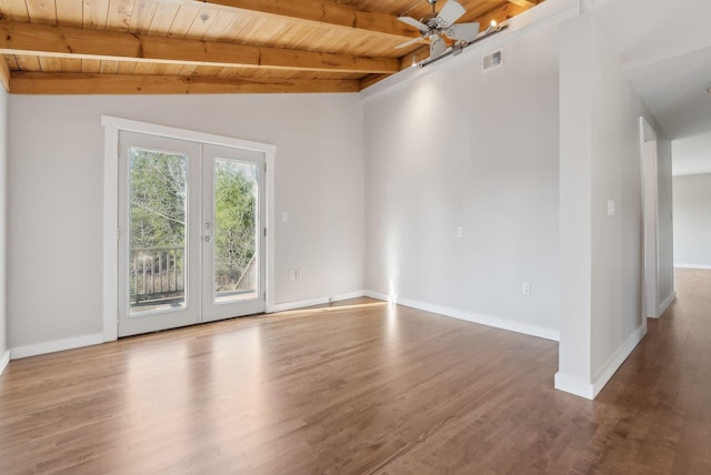 27 Rein Rd, Saint George, ME 04859 - unfurnished room with lofted ceiling with beams, french doors, wood finished floors, visible vents, and wood ceiling