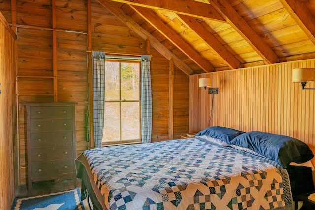 bedroom with wood walls and wood ceiling