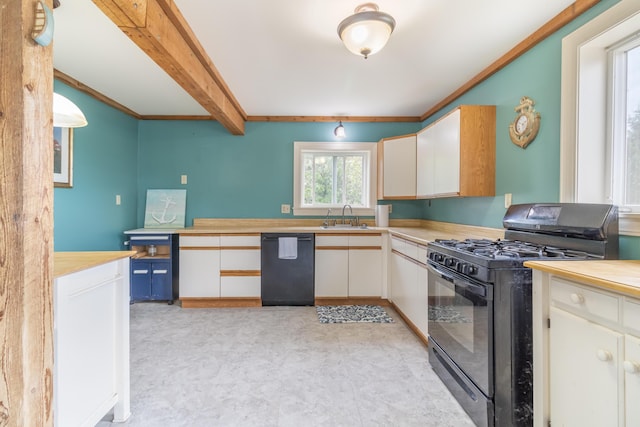361 Sedgwick Ridge Rd, Sedgwick, ME 04676 - kitchen with black appliances, light countertops, white cabinetry, crown molding, and beamed ceiling
