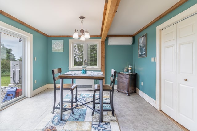 361 Sedgwick Ridge Rd, Sedgwick, ME 04676 - dining space featuring a wall mounted AC, a chandelier, and beam ceiling