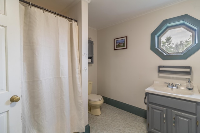 361 Sedgwick Ridge Rd, Sedgwick, ME 04676 - bathroom featuring crown molding, tile patterned floors, vanity, and curtained shower