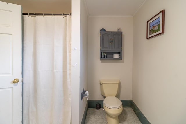 361 Sedgwick Ridge Rd, Sedgwick, ME 04676 - full bathroom with crown molding, tile patterned flooring, and curtained shower
