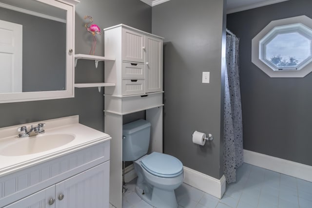 361 Sedgwick Ridge Rd, Sedgwick, ME 04676 - full bath featuring vanity, crown molding, tile patterned floors, and curtained shower