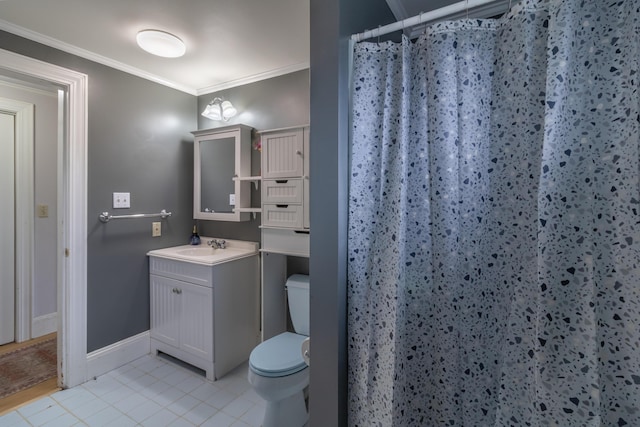 361 Sedgwick Ridge Rd, Sedgwick, ME 04676 - bathroom featuring vanity, crown molding, a shower with curtain, and tile patterned floors