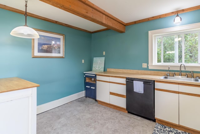 361 Sedgwick Ridge Rd, Sedgwick, ME 04676 - kitchen with dishwasher, beam ceiling, light countertops, white cabinets, and decorative light fixtures
