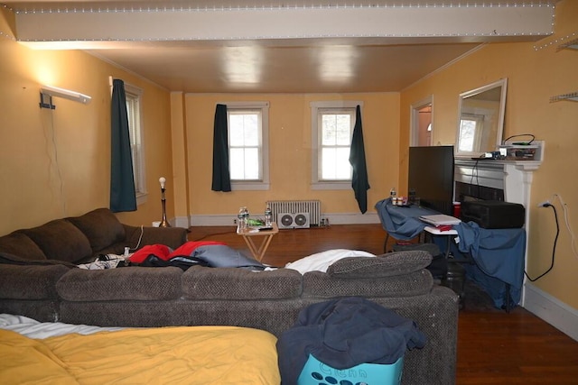 104 Northern Ave, Gardiner, ME 04345 - living room featuring radiator heating unit, baseboards, and wood finished floors