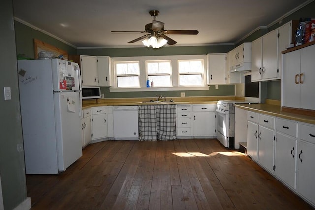 104 Northern Ave, Gardiner, ME 04345 - kitchen featuring crown molding, dark wood-style flooring, white appliances, a ceiling fan, and white cabinetry