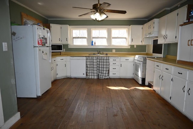 104 Northern Ave, Gardiner, ME 04345 - kitchen with a ceiling fan, dark wood finished floors, a sink, under cabinet range hood, and white appliances
