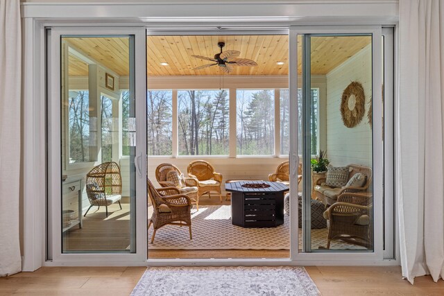 entryway featuring wood ceiling, a ceiling fan, and wood finished floors