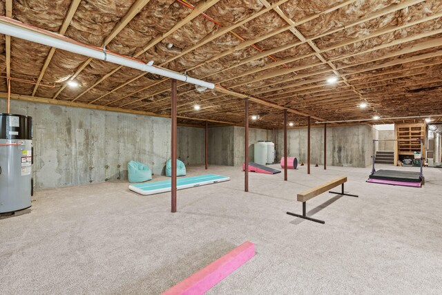 basement with water heater and a water softener