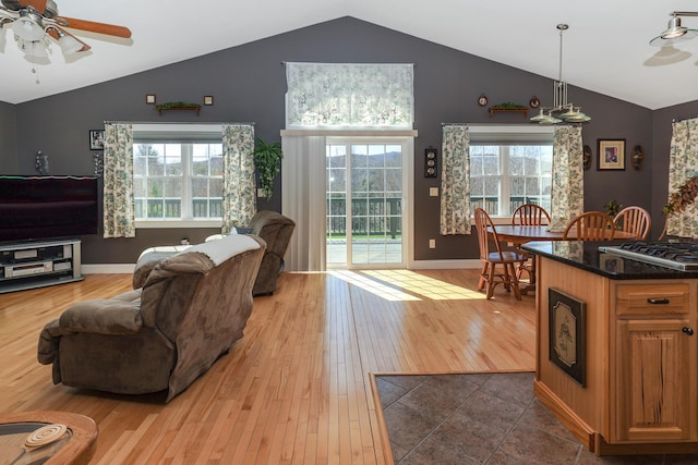 living area with ceiling fan, vaulted ceiling, plenty of natural light, and hardwood / wood-style floors