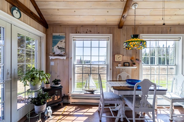dining room with lofted ceiling with beams, wood walls, wood ceiling, and wood finished floors