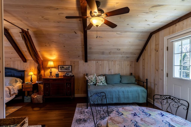 bedroom with wooden ceiling, lofted ceiling with beams, and wood finished floors