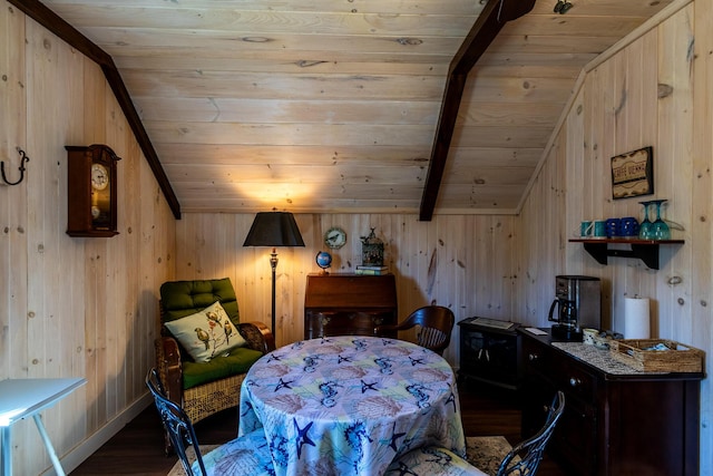 dining area featuring vaulted ceiling, wood ceiling, wood walls, and wood finished floors