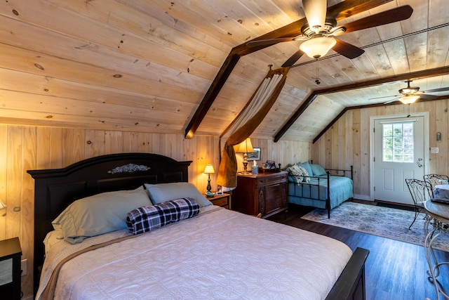 bedroom with wooden ceiling, wood walls, wood finished floors, and vaulted ceiling with beams
