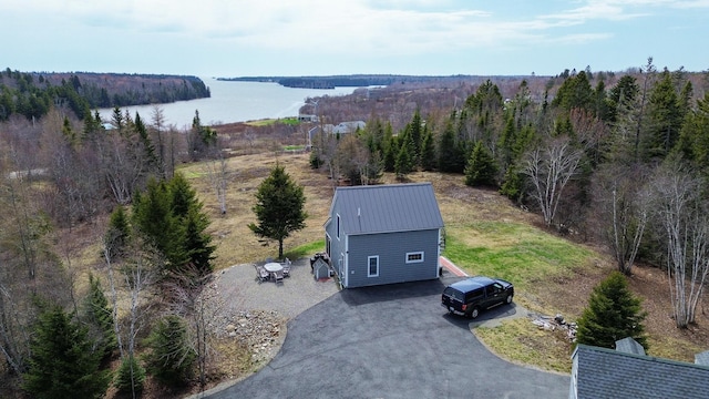 bird's eye view with a water view and a view of trees