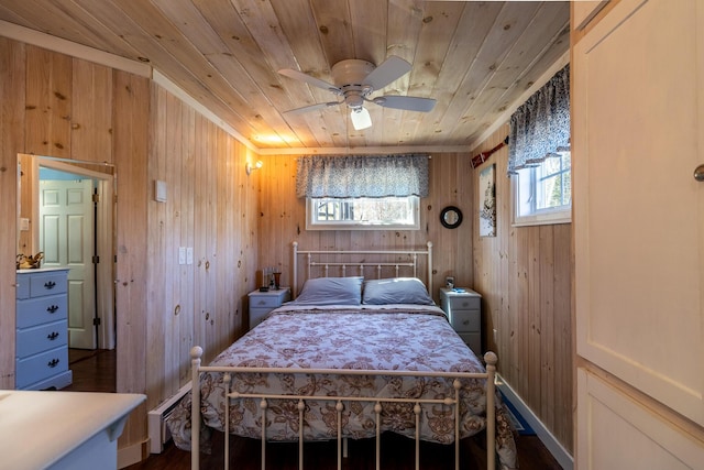 bedroom with dark wood finished floors, wood ceiling, wooden walls, and a ceiling fan