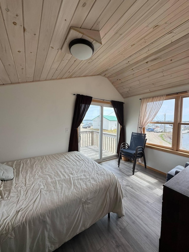 10 Wharf St, Jonesport, ME 04649 - bedroom with lofted ceiling, wood finished floors, wooden ceiling, baseboards, and access to exterior