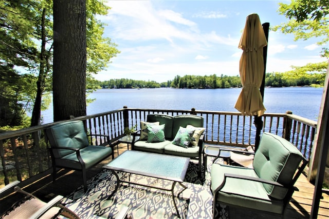 150 Birchwood Rd, Gray, ME 04039 - wooden terrace featuring a water view and outdoor lounge area