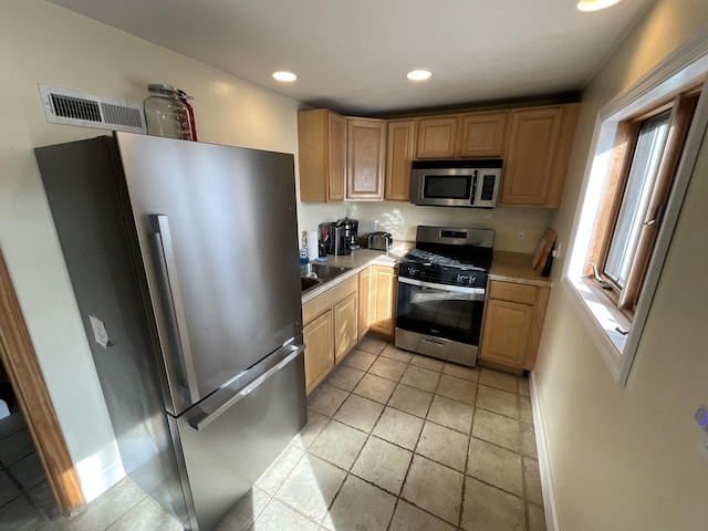 150 Birchwood Rd, Gray, ME 04039 - kitchen featuring visible vents, appliances with stainless steel finishes, light countertops, light brown cabinets, and recessed lighting