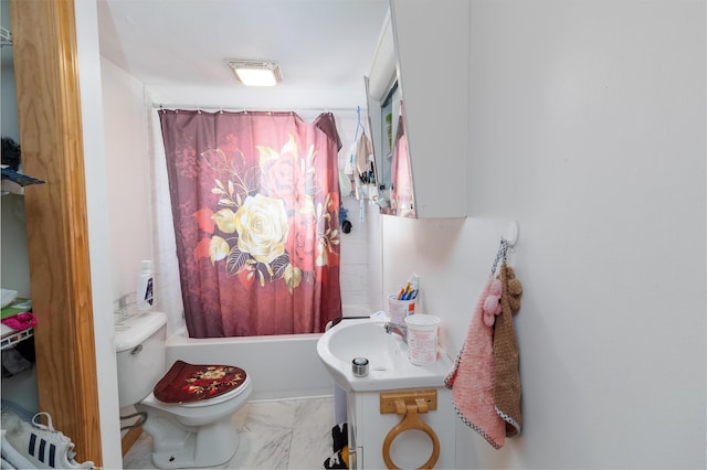 full bathroom featuring toilet, vanity, marble look tile flooring, and shower / bath combination with curtain