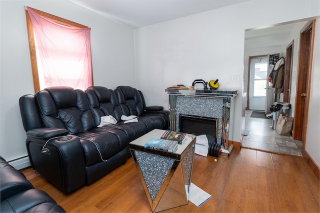 living room featuring wood finished floors and a tile fireplace