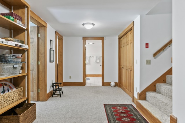 1515 Old Augusta Rd, Waldoboro, ME 04572 - hallway featuring carpet flooring, baseboards, and stairway