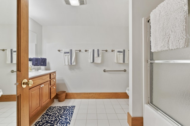 1515 Old Augusta Rd, Waldoboro, ME 04572 - full bathroom featuring vanity, visible vents, toilet, an enclosed shower, and tile patterned floors