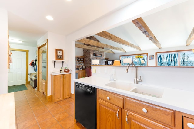 1515 Old Augusta Rd, Waldoboro, ME 04572 - kitchen with a sink, light countertops, black dishwasher, light tile patterned floors, and beamed ceiling