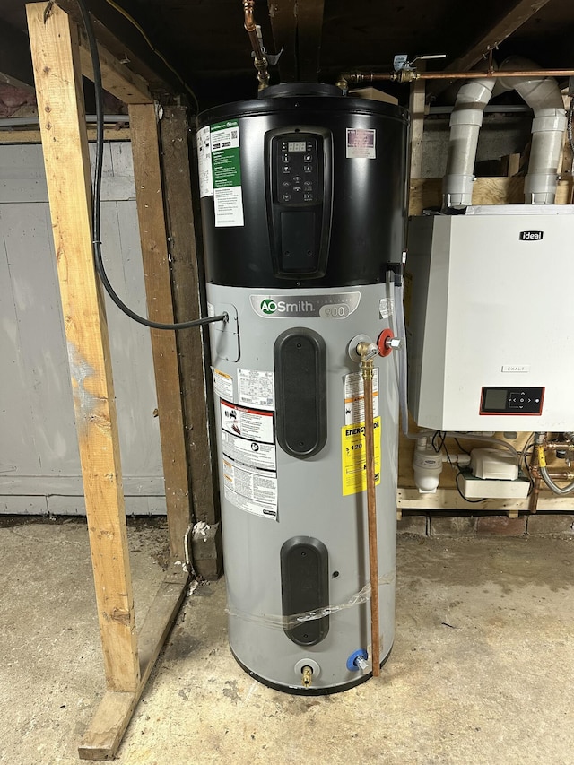 utility room featuring hybrid water heater